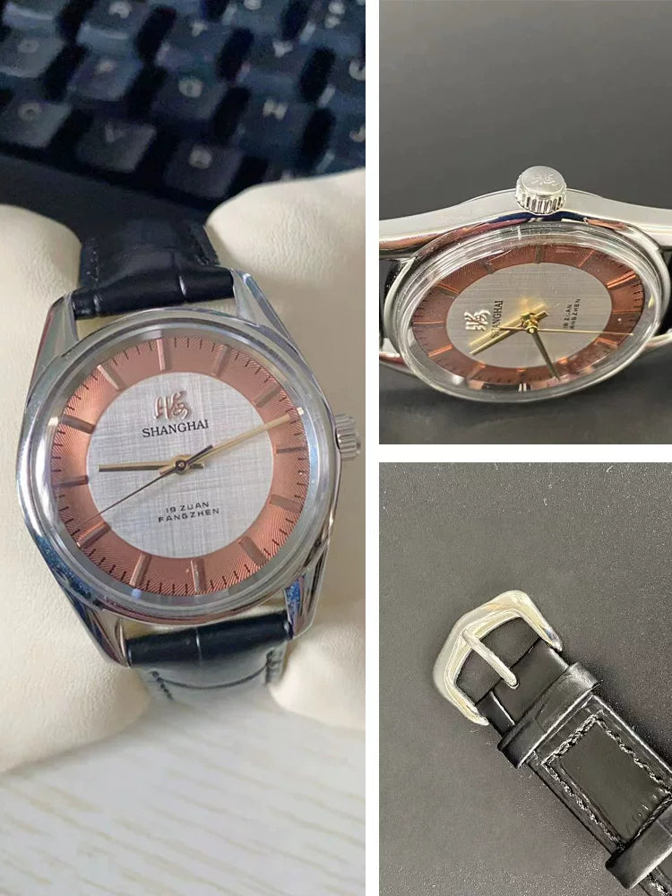 Shanghai Men's Manual Wind Mechanical Watch All Steel Genuine Leather Strap NOS