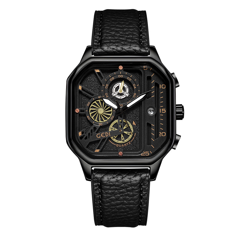 GESMART Men's Square Large Dial Quartz Watch Leather Band Stylish Low Key Personality Design