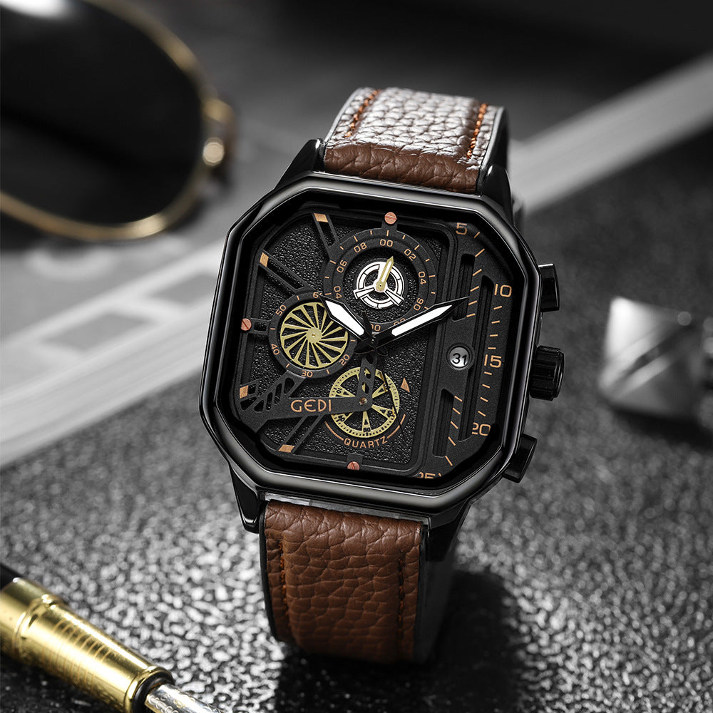 GESMART Men's Square Large Dial Quartz Watch Leather Band Stylish Low Key Personality Design