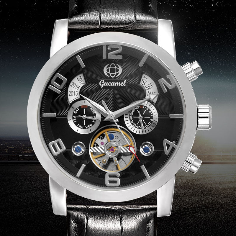 GESMART Men's Tourbillon Automatic Mechanical Watch Perpetual Calendar Leather Band Business