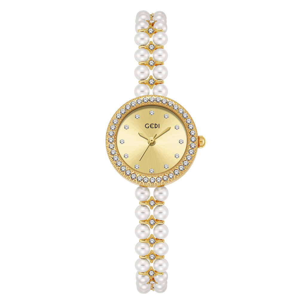 Women's Pearl-Bead Bracelet Round Rhinestone Quartz Watch