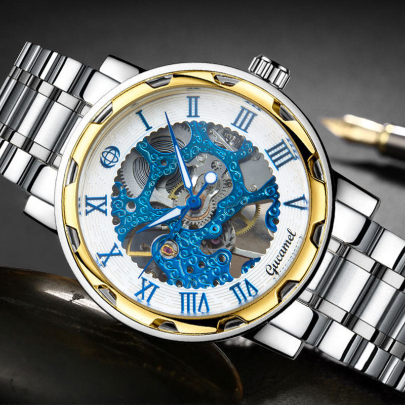 GESMART Men's Gold Tone Steel Band Skeleton Hand Winding Mechanical Watch Fashion Trendy