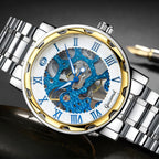 GESMART Men's Gold Tone Steel Band Skeleton Hand Winding Mechanical Watch Fashion Trendy