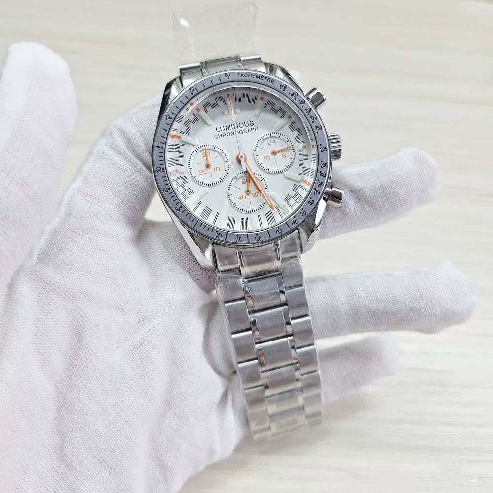 Men's 40mm Speedmaster Style Quartz Watch Steel Case VK63 Movement Mineral Glass