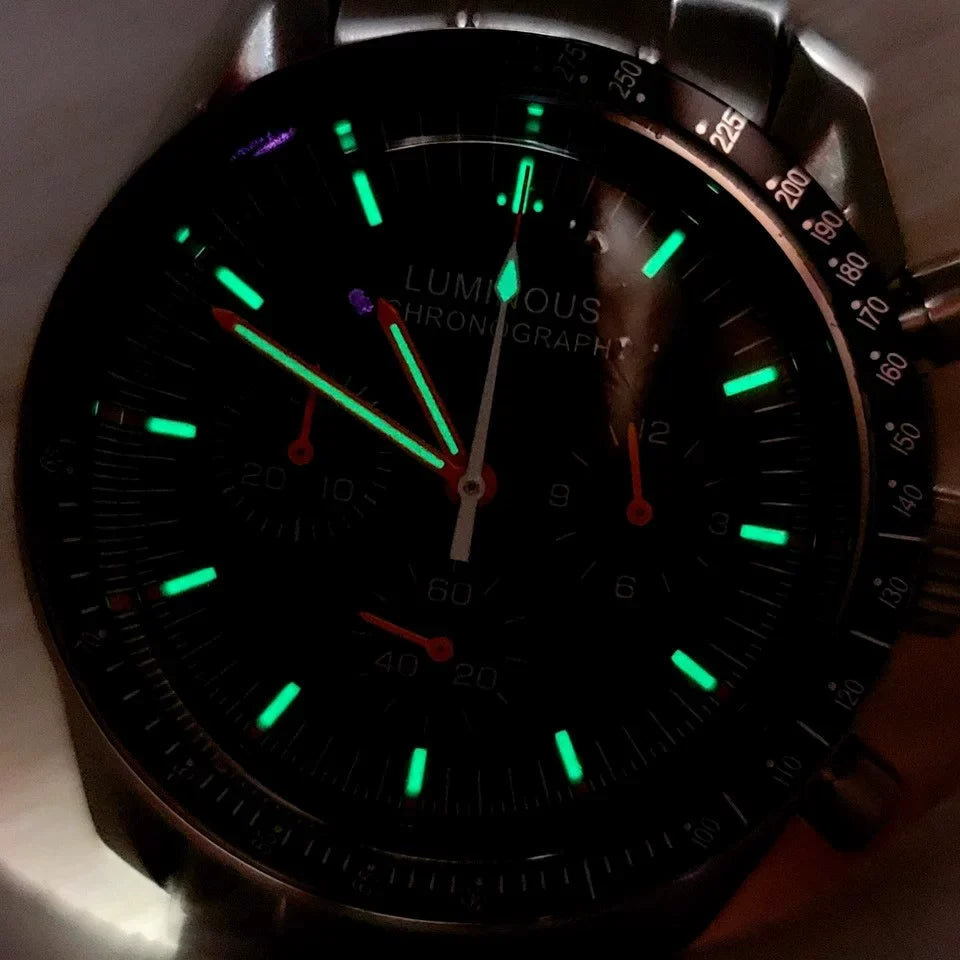 Speedmaster Style Quartz Chronograph Watch Mineral Glass Rubber Strap VK63