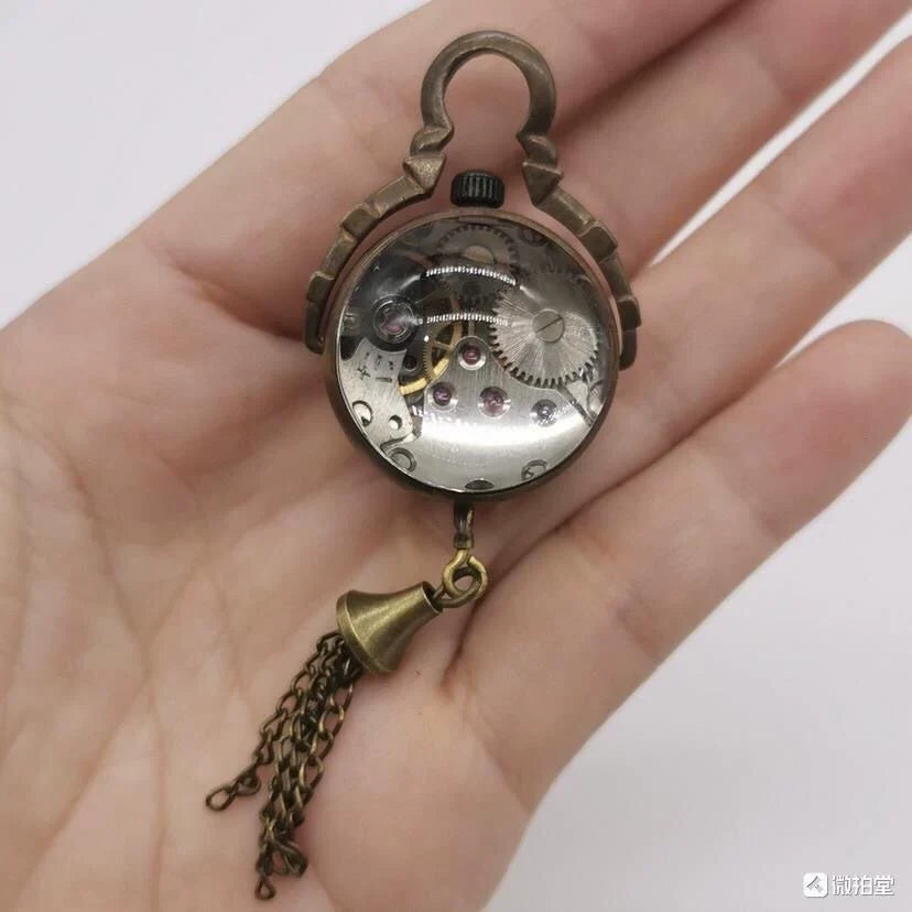 Mini Crystal Mechanical Pocket Watch Vintage Solid Copper Necklace Pendant
