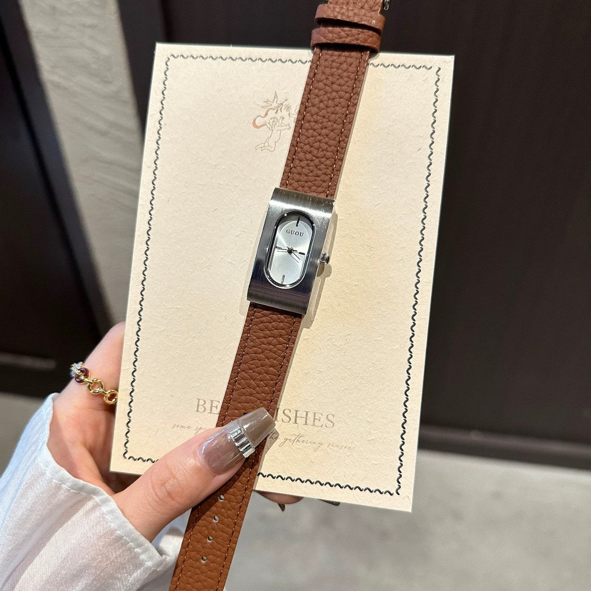 Women's Square Genuine-Leather Vintage Quartz Watch
