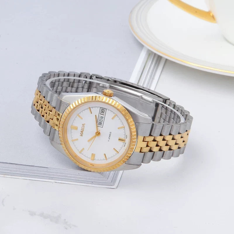 HAIDA Men's Quartz Watch Roman Numerals Yellow White Dial Steel Business NOS