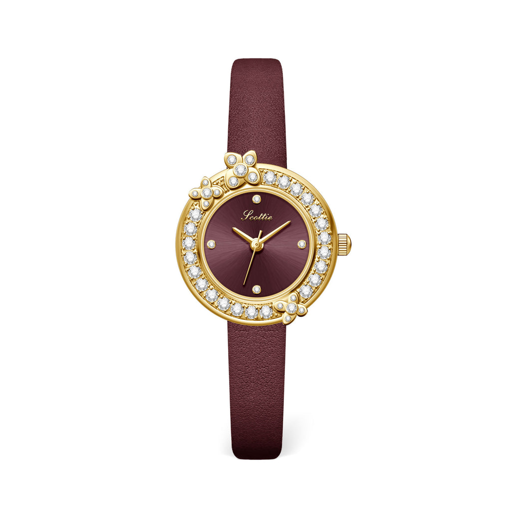 GESMART Women's French Floral Rhinestone Quartz Watch Leather Band Diamond Studded Commuter Ladies Wristwatch