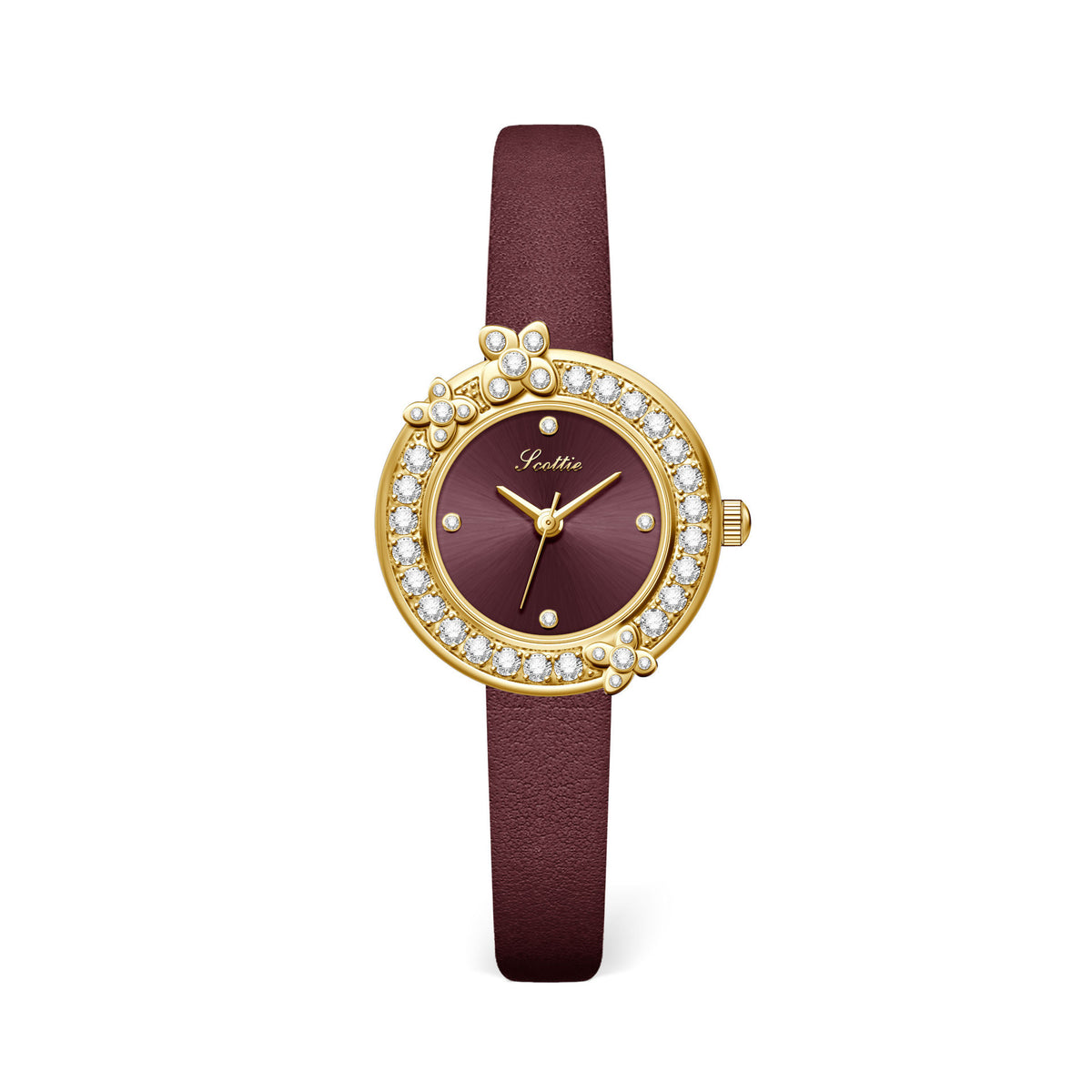 GESMART Women's French Floral Rhinestone Quartz Watch Leather Band Diamond Studded Commuter Ladies Wristwatch