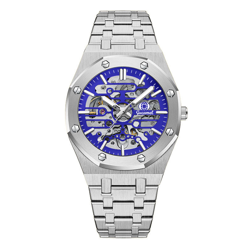 GESMART Men's Skeleton Automatic Mechanical Watch Steel Band Trendy Wristwatch