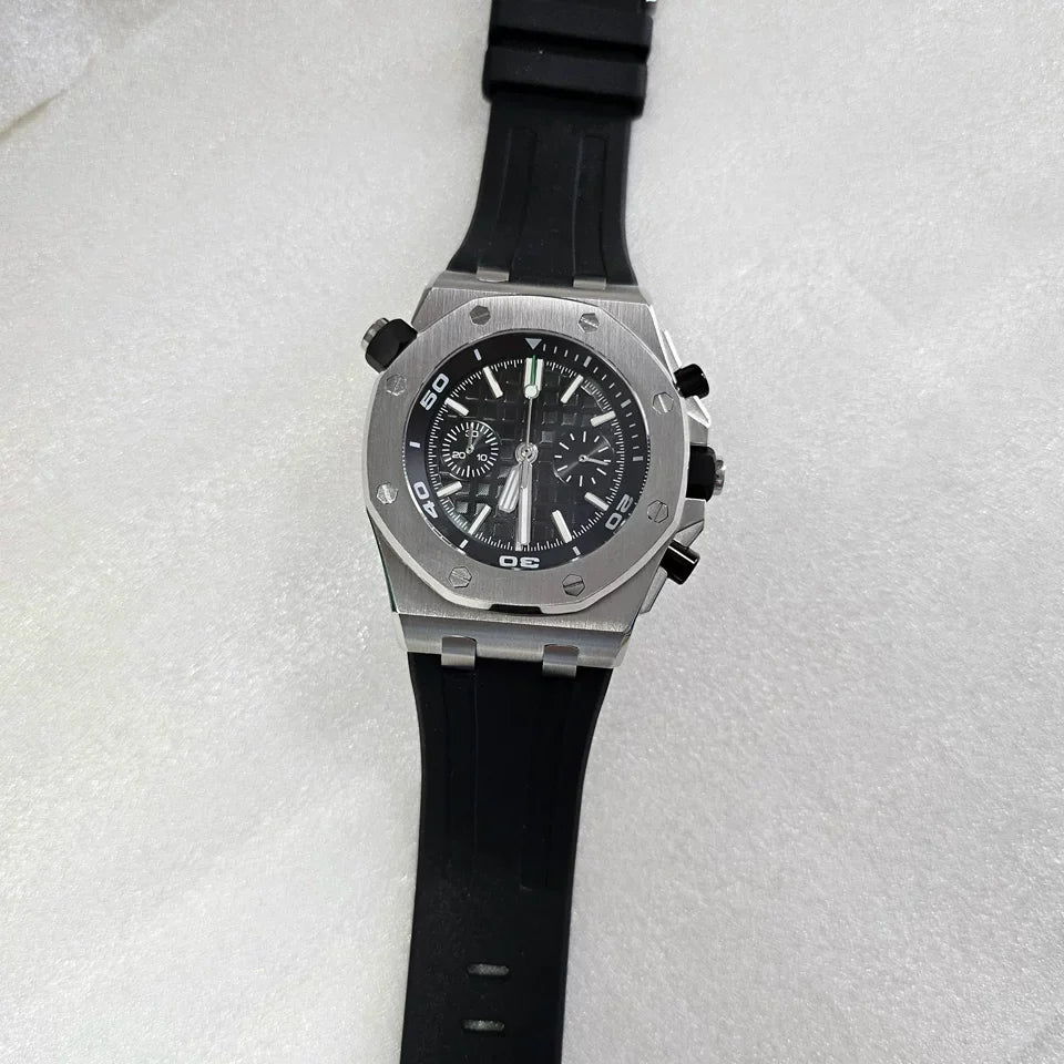 Men's 42mm Watch Dual Crown Steel Case Rubber Strap VK64 Movement