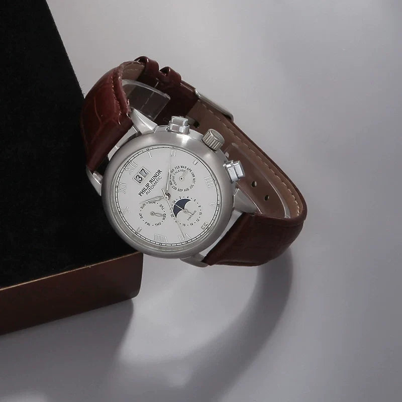 PHILIP RUNOR Men's Automatic Moonphase Watch Genuine Leather NOS New