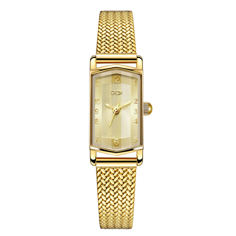 Women's Vintage Leather Mesh Small Square Gold-Tone Quartz Watch