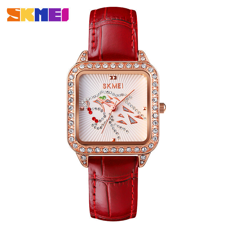 GESMART Women's Square Dial Quartz Watch Diamond Studded Leather Band Water Resistant Student Fashion