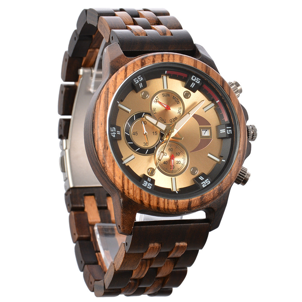 Men's Sandalwood Wooden Three-Eye Multi-Function Quartz Watch