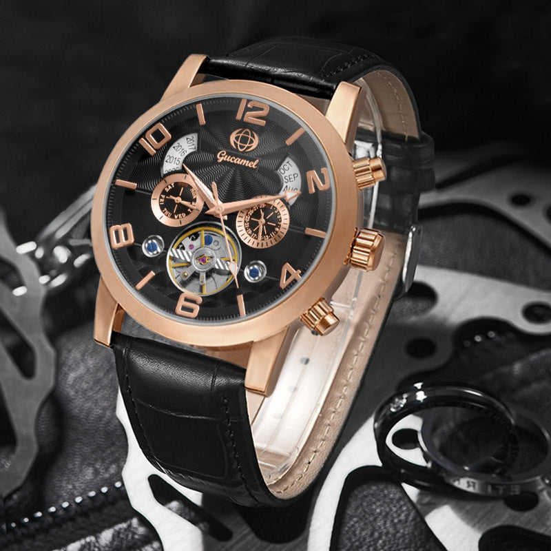 GESMART Men's Tourbillon Automatic Mechanical Watch Perpetual Calendar Leather Band Business