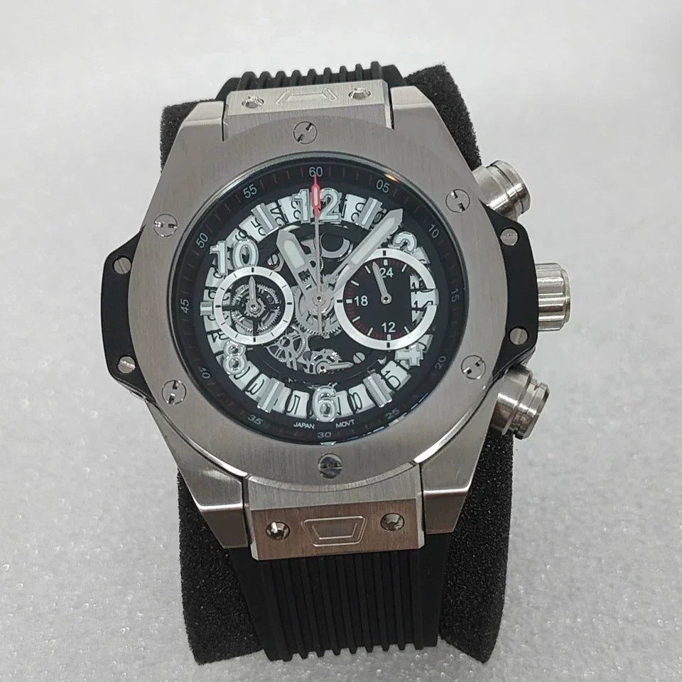 No Logo 42.5mm Quartz Watch Stainless Steel Case Rubber Strap VK63 Movement