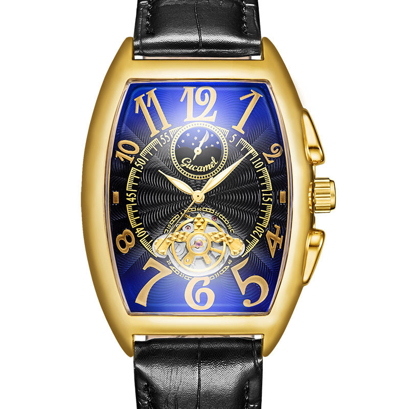 GESMART Men's Tonneau Shape Tourbillon Automatic Mechanical Watch Sun Moon Stars Design