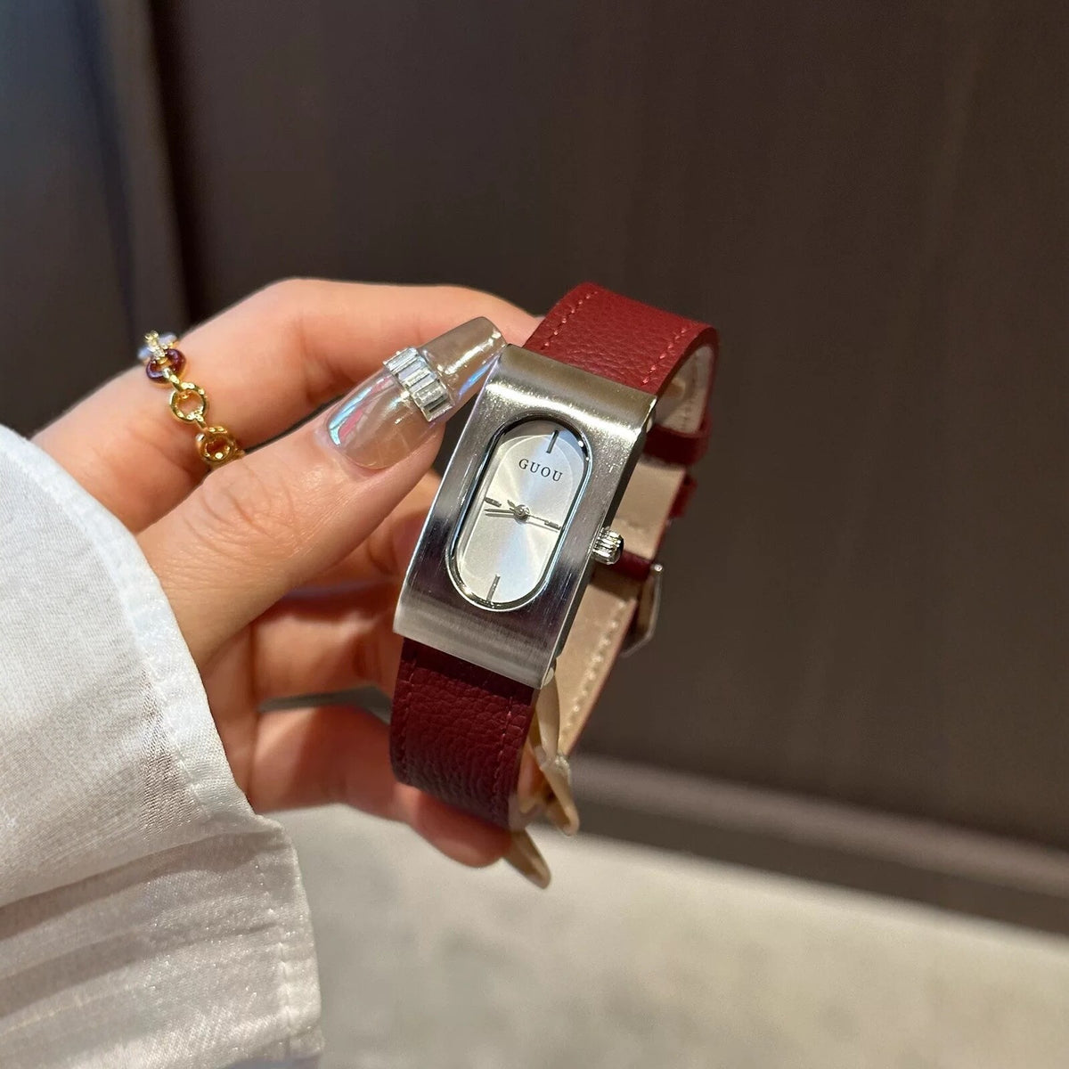 Women's Square Genuine-Leather Vintage Quartz Watch