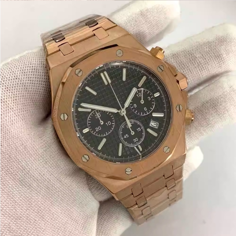 No Logo Rose Gold Men's 41mm Octagonal Quartz Chronograph Steel VK63 Movement
