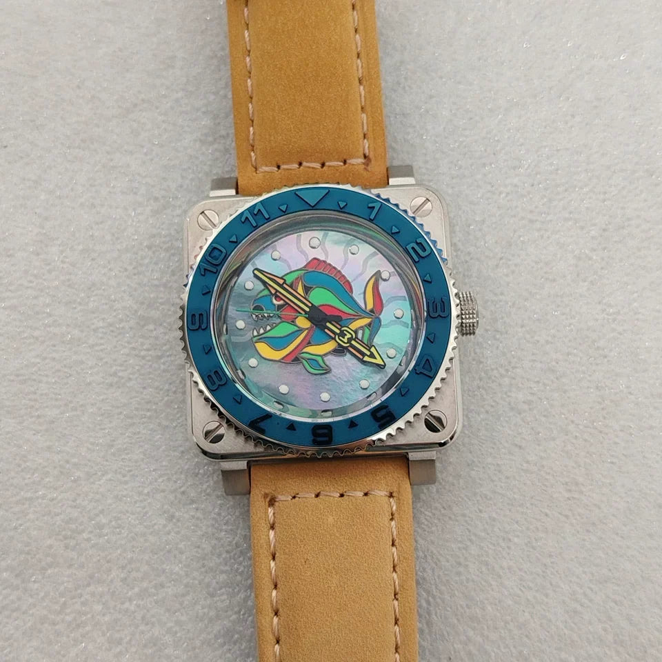 No Logo Men's 42mm Square Watch Luminous Piranha Dial Steel NH35