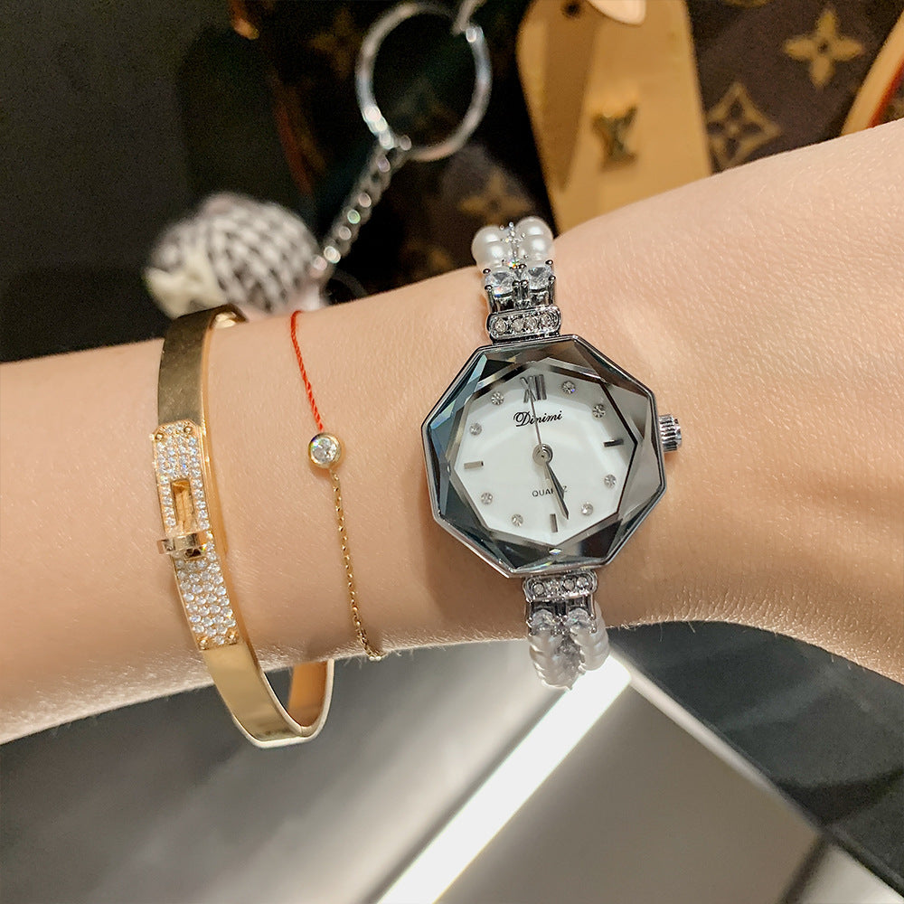 Women's Pearl Bracelet Rhinestone Quartz Watch