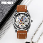 GESMART Men's Square Engraved Automatic Mechanical Watch Double Sided Skeleton Leather Band Water Resistant