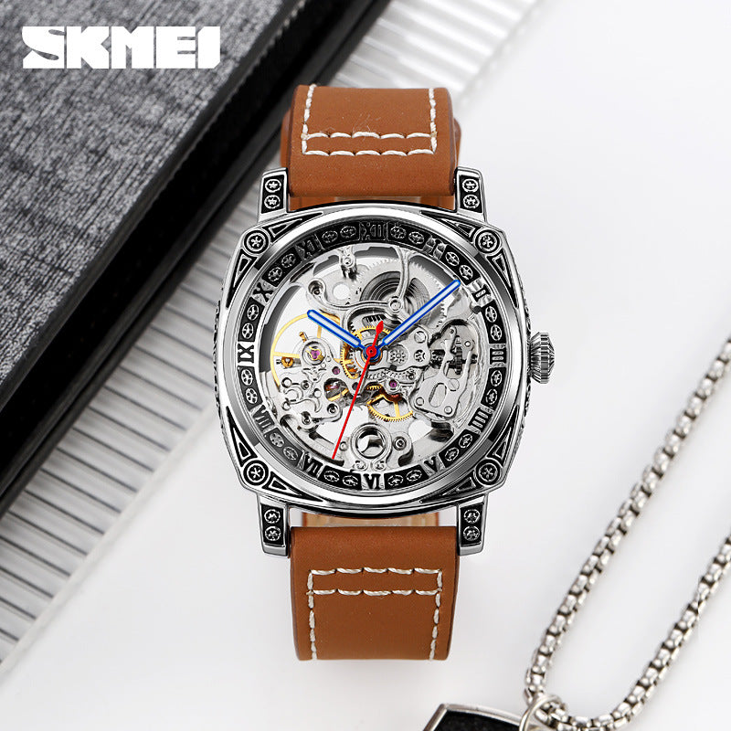 GESMART Men's Square Engraved Automatic Mechanical Watch Double Sided Skeleton Leather Band Water Resistant