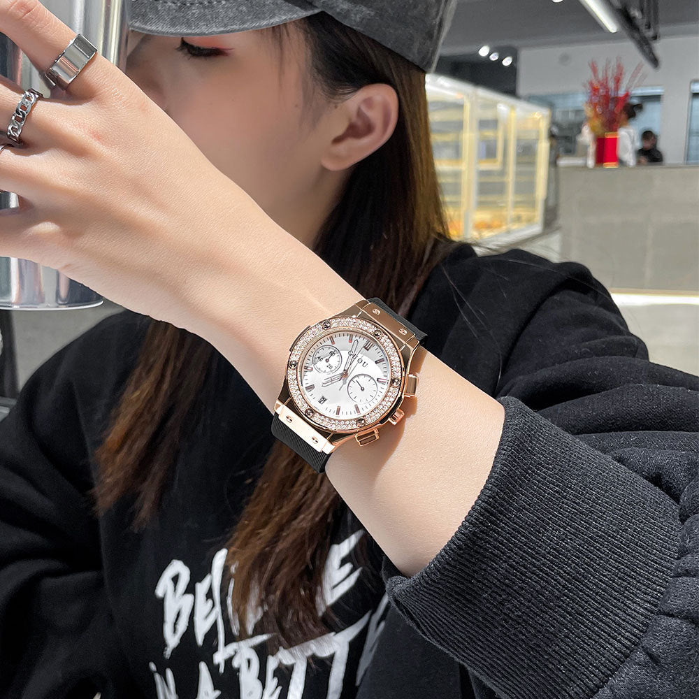 GESMART Women's Large Dial Silicone Band Watch Multifunction Rhinestone Calendar Fashion Trendy
