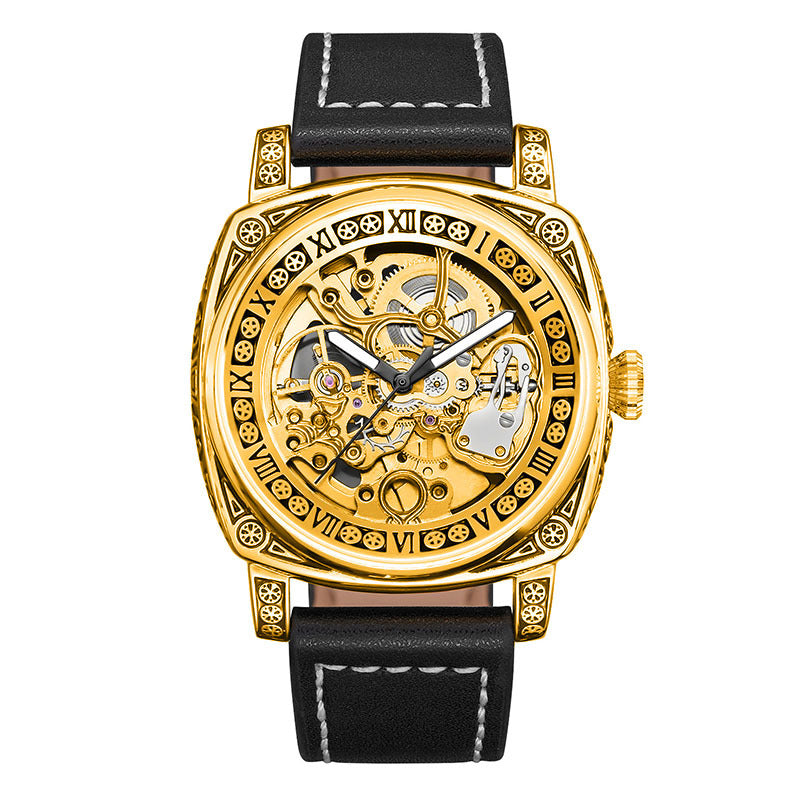 GESMART Men's Retro Engraved Skeleton Mechanical Watch Genuine Leather Water Resistant European Style