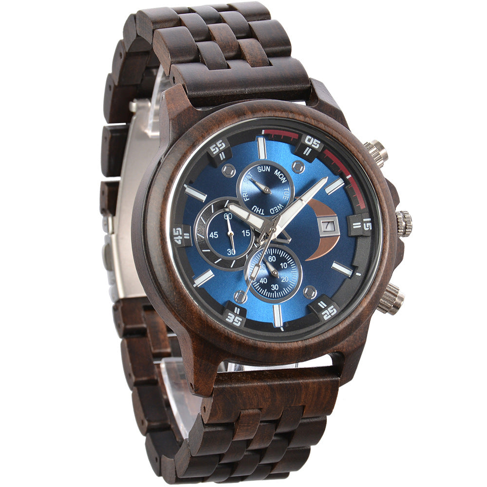 Men's Sandalwood Wooden Three-Eye Multi-Function Quartz Watch