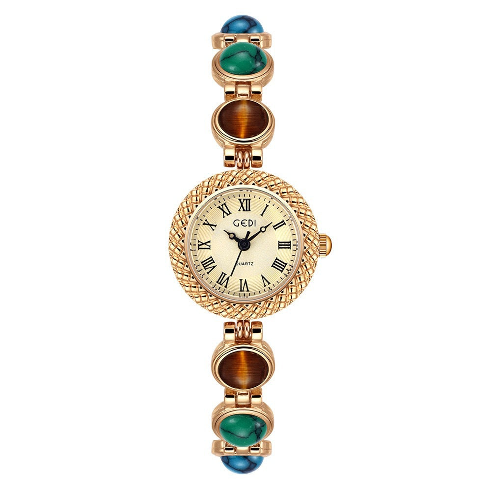 Women's Vintage Turquoise Gold-Bead Bracelet Quartz Watch