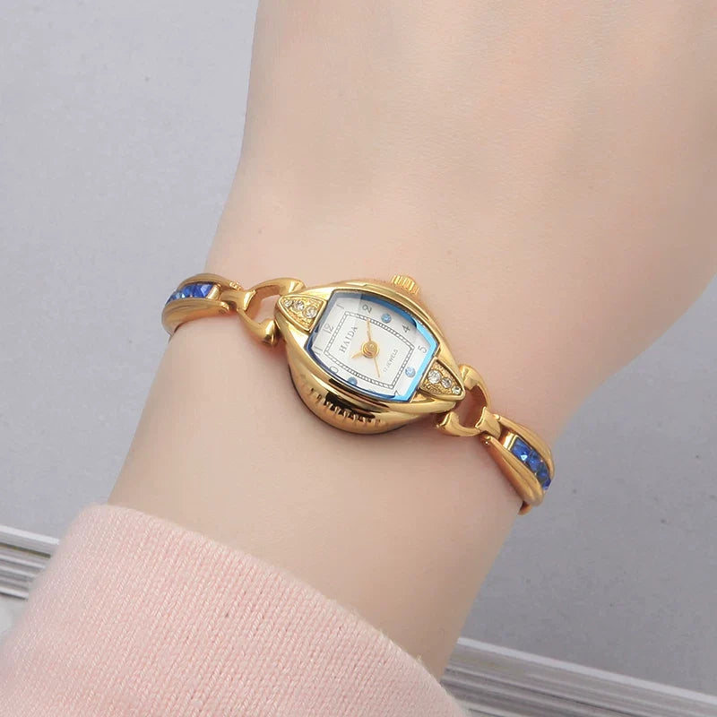 HAIDA Ladies Manual Wind Mechanical Watch Gold-Plated Blue Glass Crystal Fashion