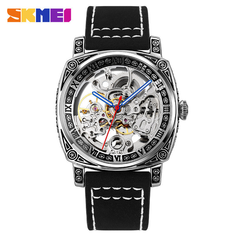GESMART Men's Square Engraved Automatic Mechanical Watch Double Sided Skeleton Leather Band Water Resistant