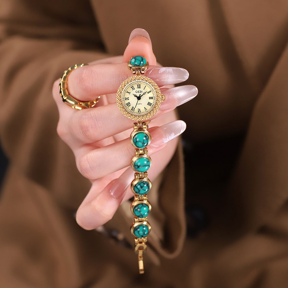 Women's Vintage Turquoise Gold-Bead Bracelet Quartz Watch