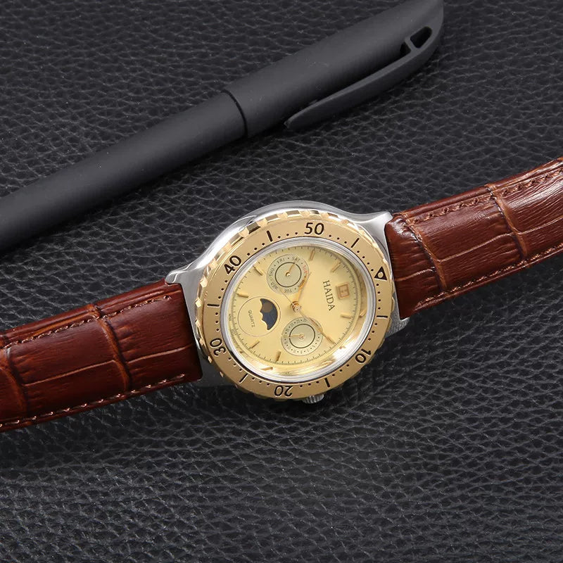 HAIDA Men's Multi-Function Quartz Watch 5 Hands Subdials Moonphase NOS