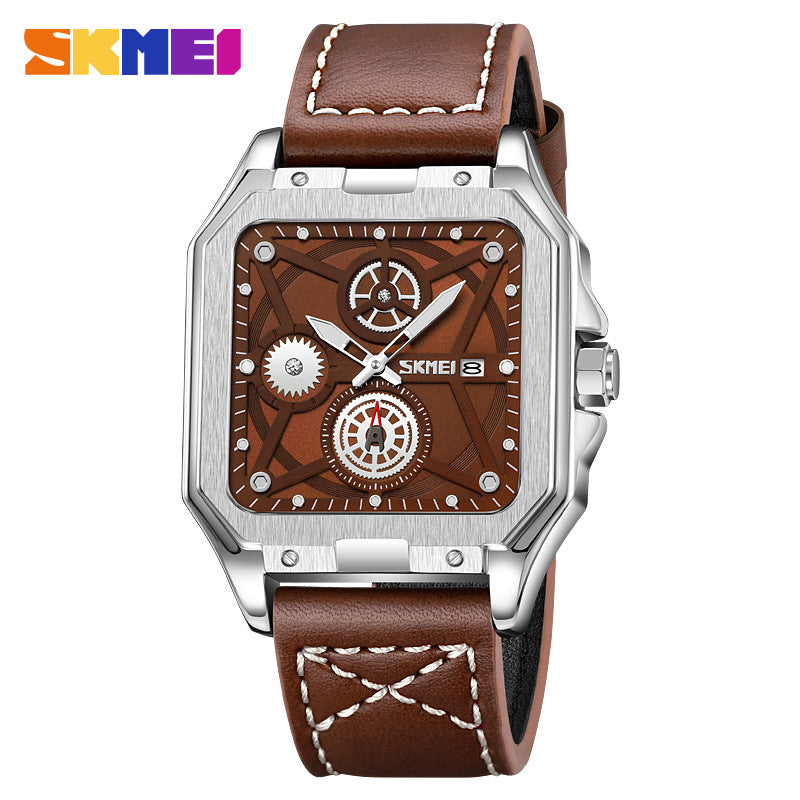 GESMART Men's Square Quartz Watch Independent Second Hand Leather Band Luminous Water Resistant Fashion