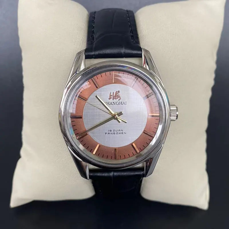 Shanghai Men's Manual Wind Mechanical Watch All Steel Genuine Leather Strap NOS