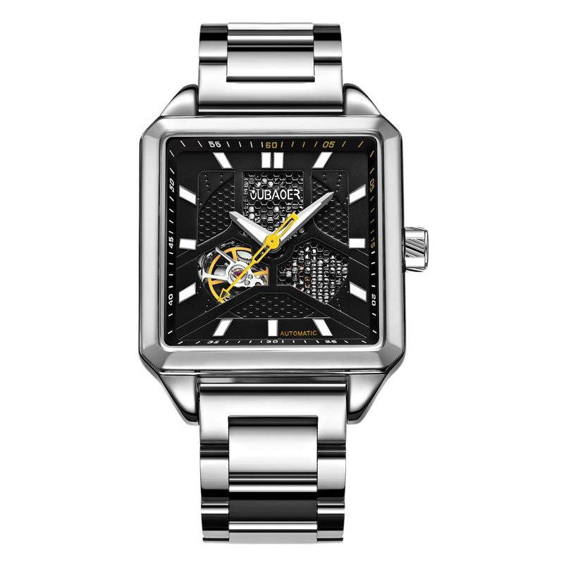 GESMART Men's Square Skeleton Automatic Mechanical Watch Steel Band Water Resistant Fashion Trendy