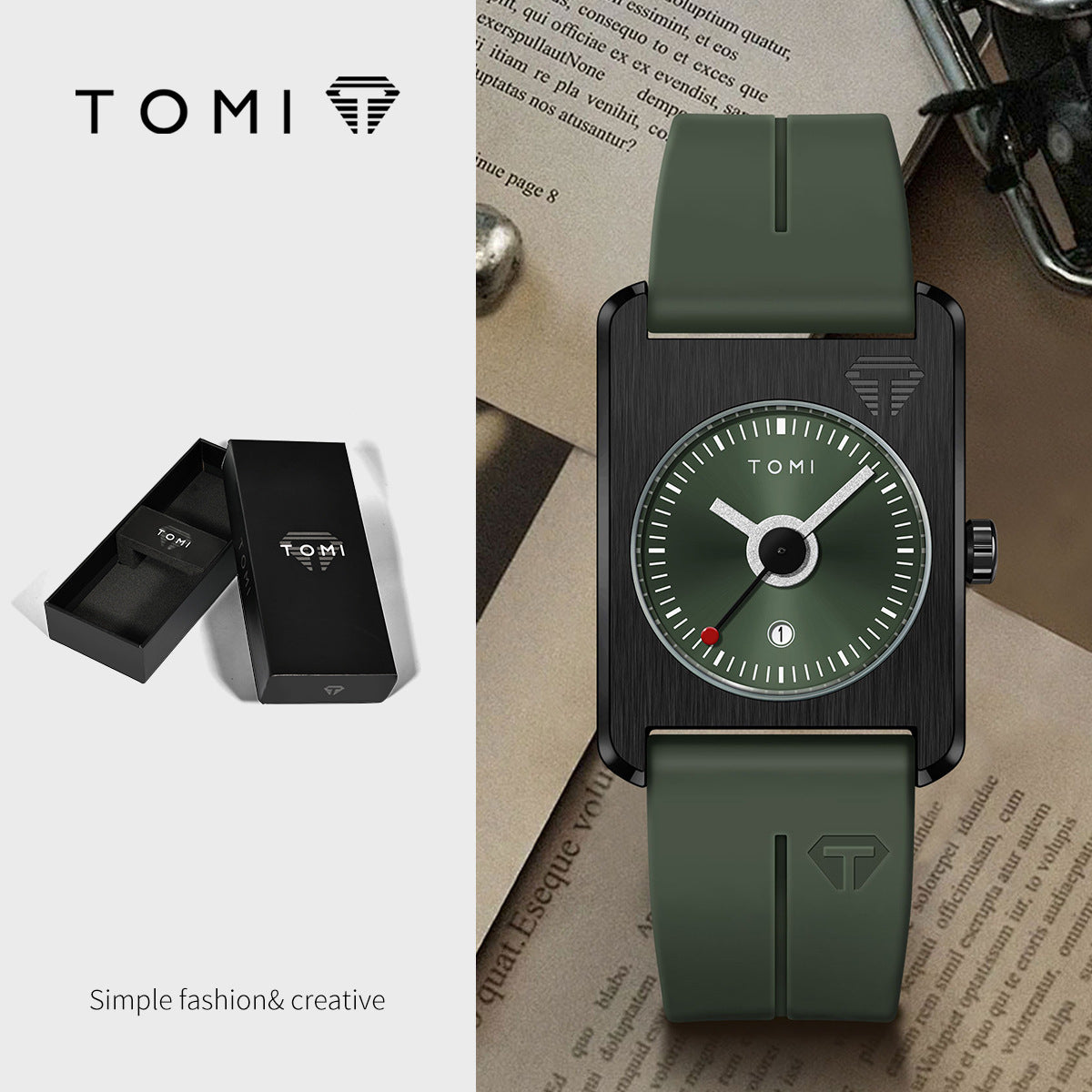 Unisex Square Calendar Student Rubber-Strap Watch