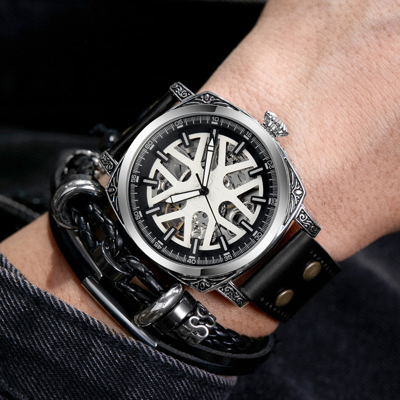 GESMART Men's New Automatic Mechanical Watch Multifunction Engraved Pattern Luminous Water Resistant
