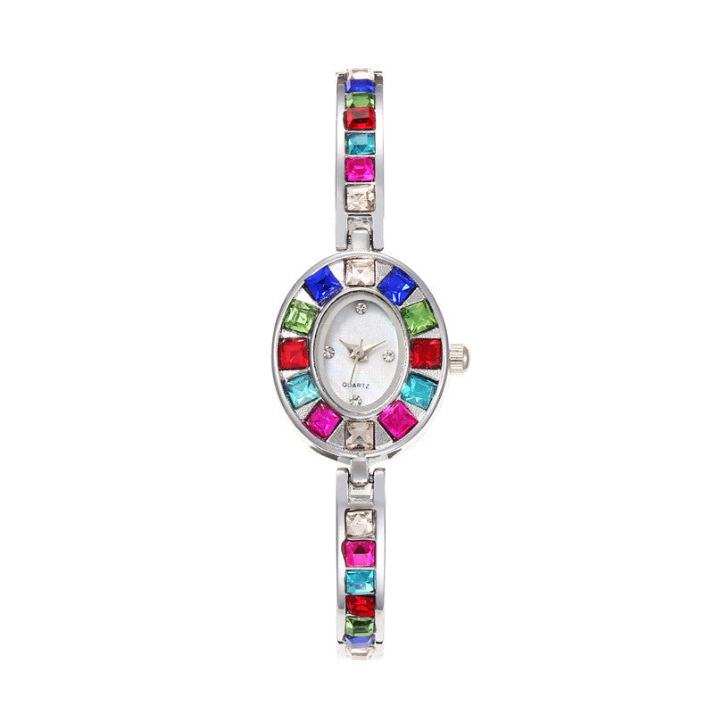 Women's Oval Rainbow CZ Bangle Bracelet Quartz Watch