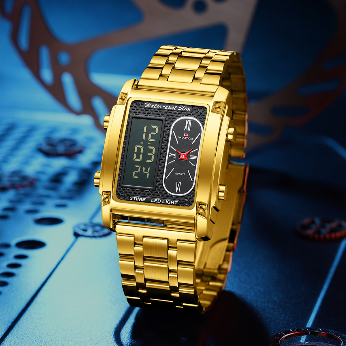 GESMART Men's Dual Movement Dual Display Square Digital Watch Multifunction Water Resistant Creative