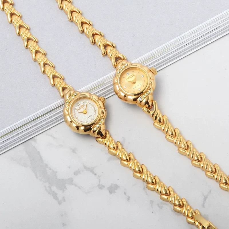 HAIDA Ladies Manual Wind Mechanical Watch Gold-Plated Crystal-Set Small NOS