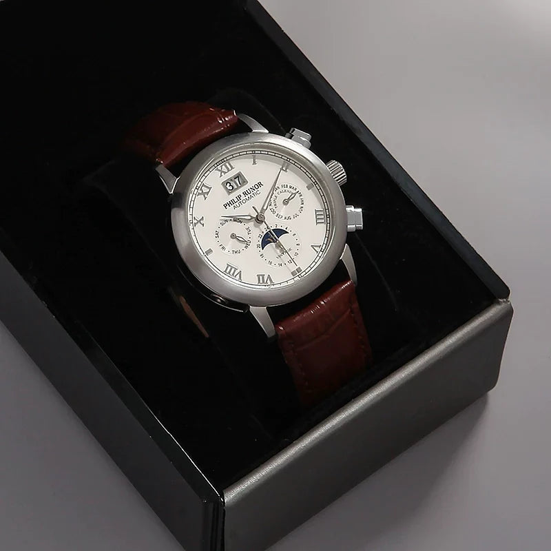 PHILIP RUNOR Men's Automatic Moonphase Watch Genuine Leather NOS New