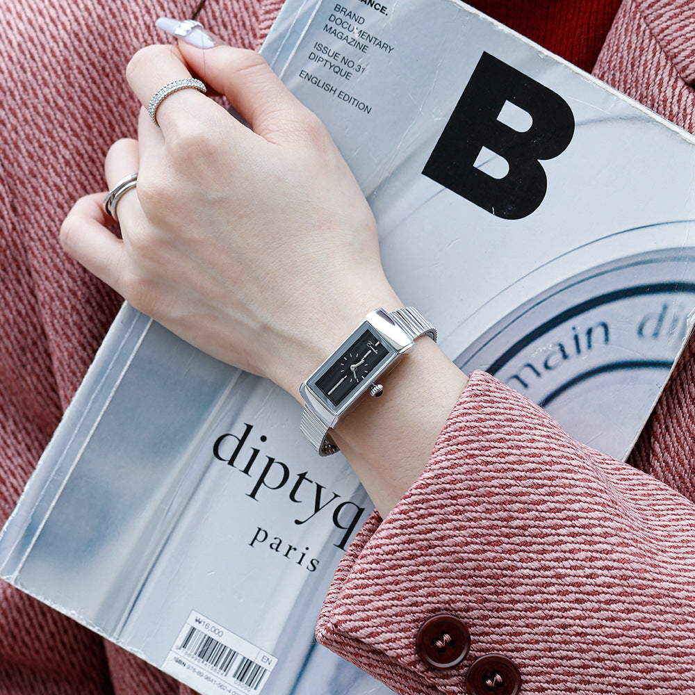 Women's Minimalist Bar-Marker Small Dial Quartz Watch with Steel Bracelet