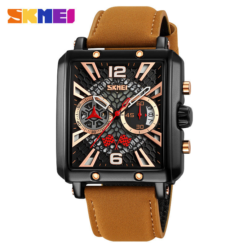 GESMART Men's Square Chronograph Quartz Watch Calendar Multifunction Water Resistant Leather Band Sports