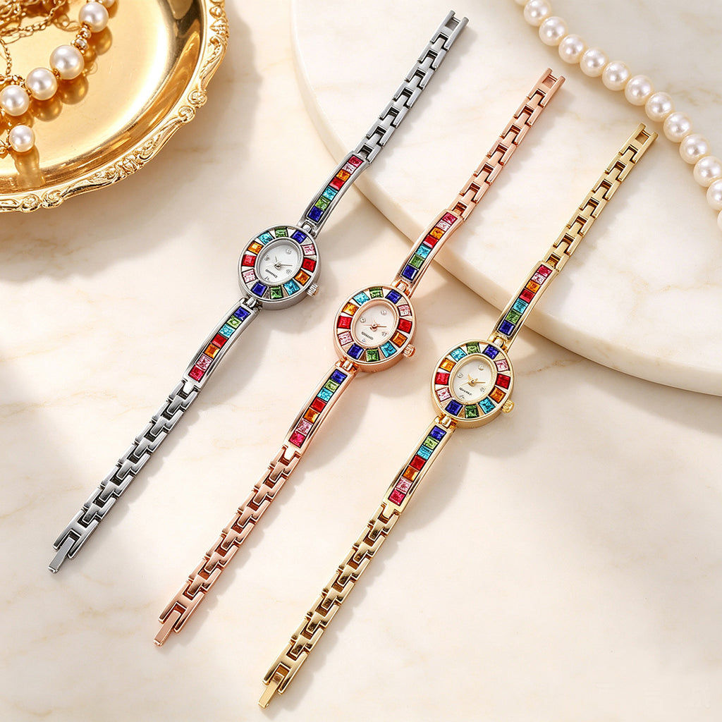 Women's Oval Rainbow CZ Bangle Bracelet Quartz Watch