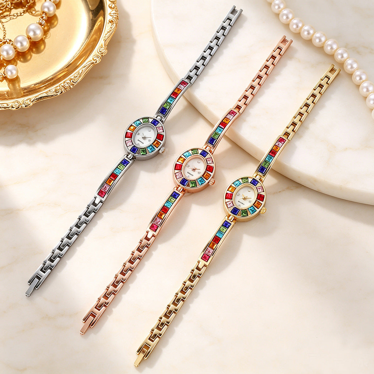 Women's Oval Rainbow CZ Bangle Bracelet Quartz Watch